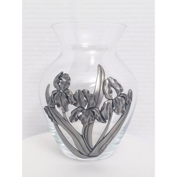 Seagull IRIS 1992 Nova Scotia Canada Vintage Pewter Overlay Clear Art Glass Vase - Picture 2 of 16